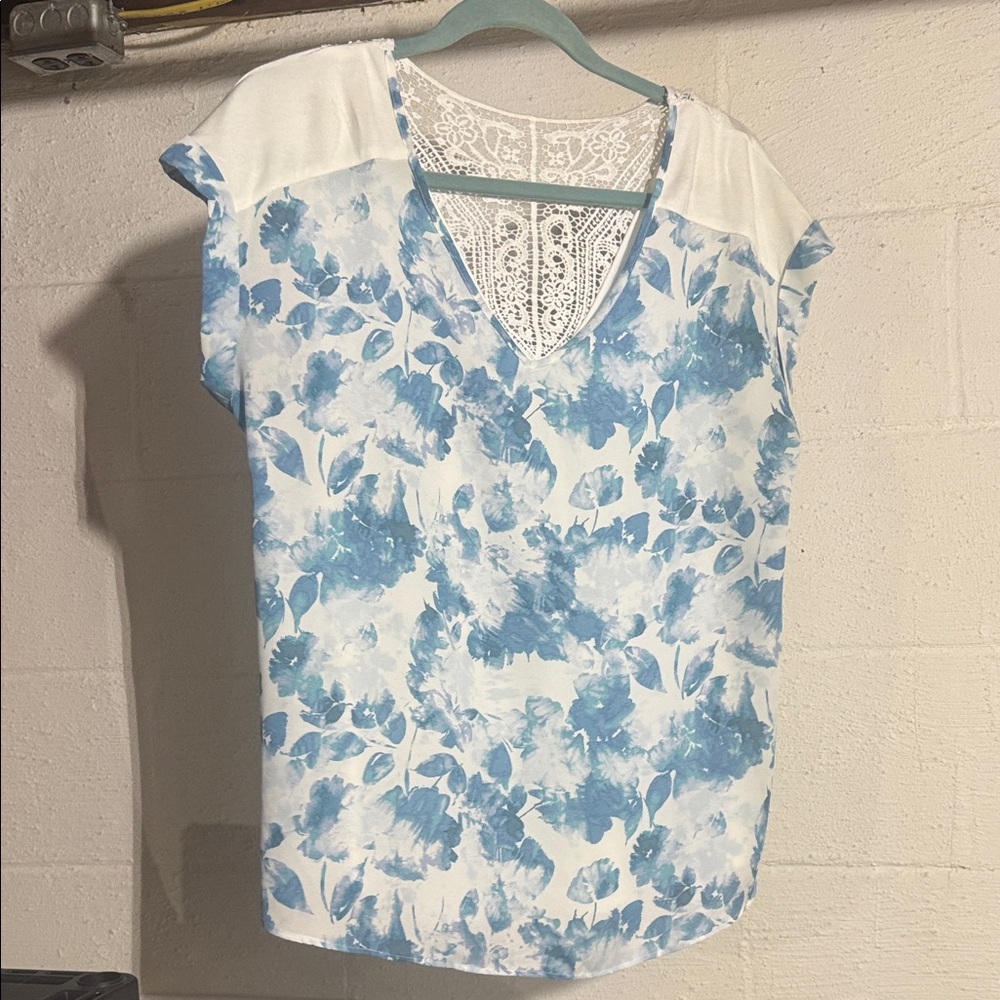 Blue Floral Lace Accent Women's Top